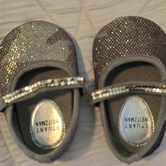 Stuart Weitzman Baby Glitter Ballet Flats UK 5, Silver Mary Jane Dress Shoes - Picture 2 of 3